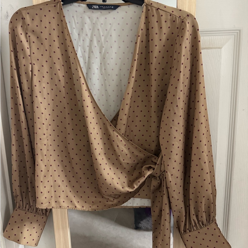 Zara Taupe Polka Dot Wrap Blouse with Side Tie